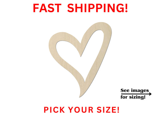 a heart cut out of wood with the words fast shipping pick your size