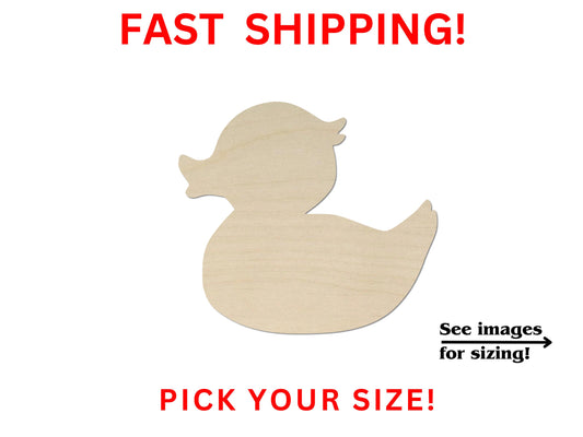 a wooden duck cutout with the text fast shipping pick your size