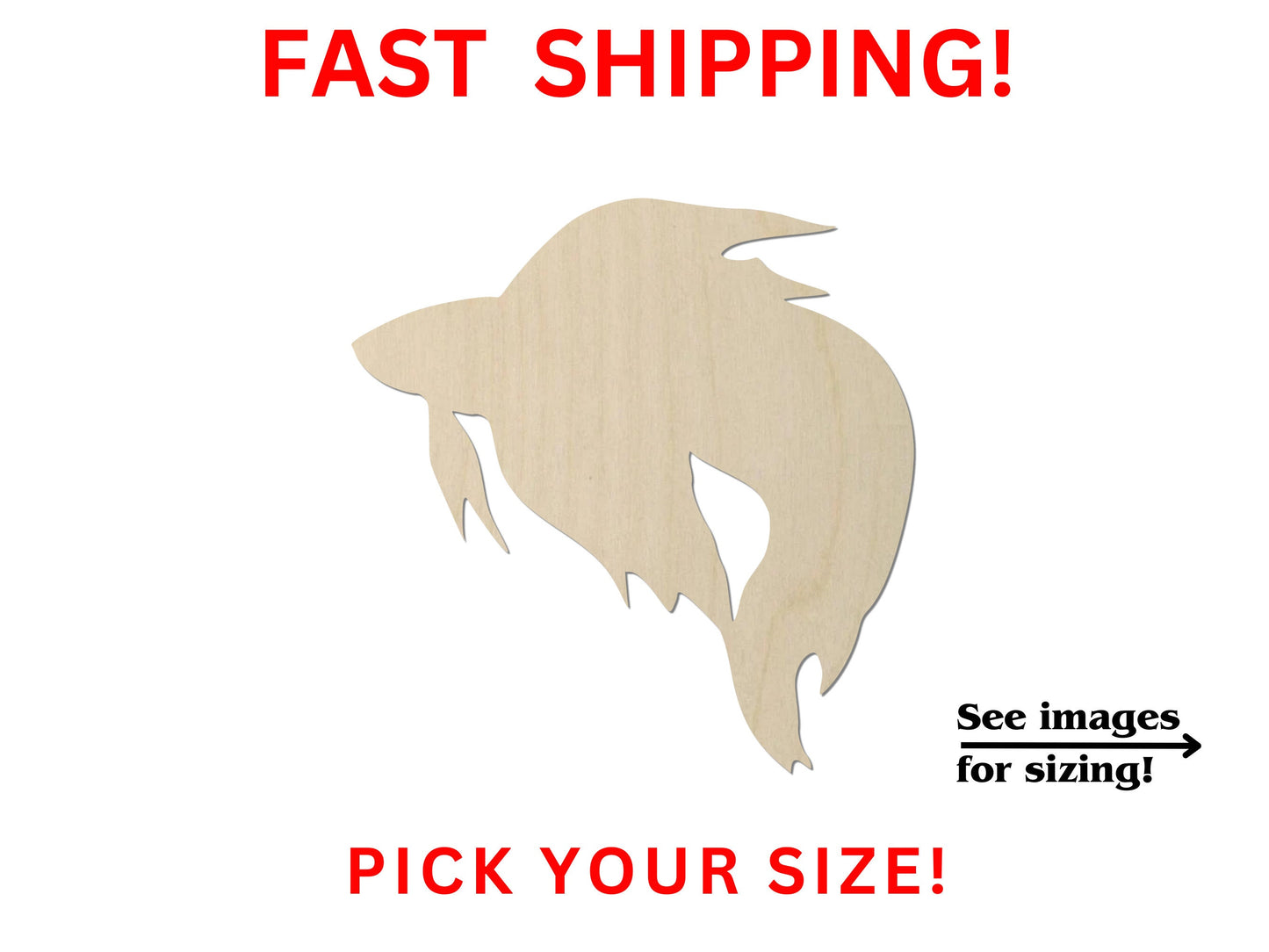 a wooden cutout of a dolphin with the words fast shipping