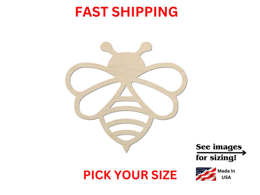 a wooden cutout of a bee with the words fast shipping