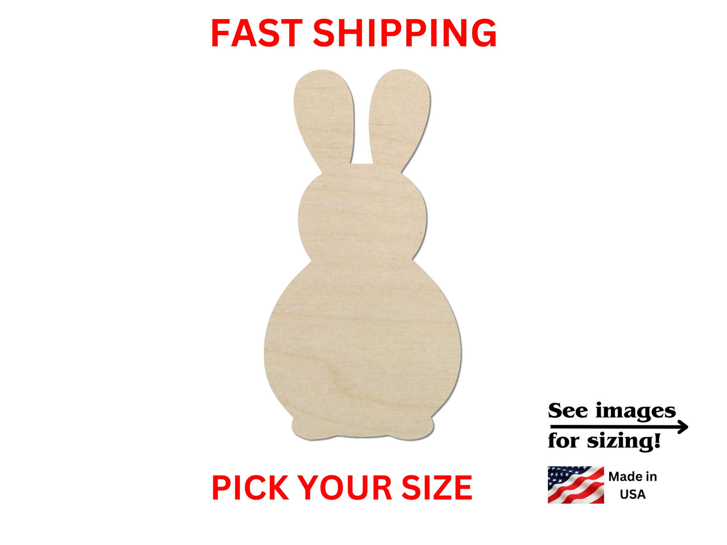 a wooden cutout of a rabbit with the words fast shipping