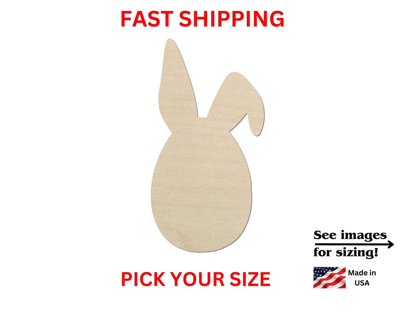 a wooden cutout of a bunny with the words fast shipping