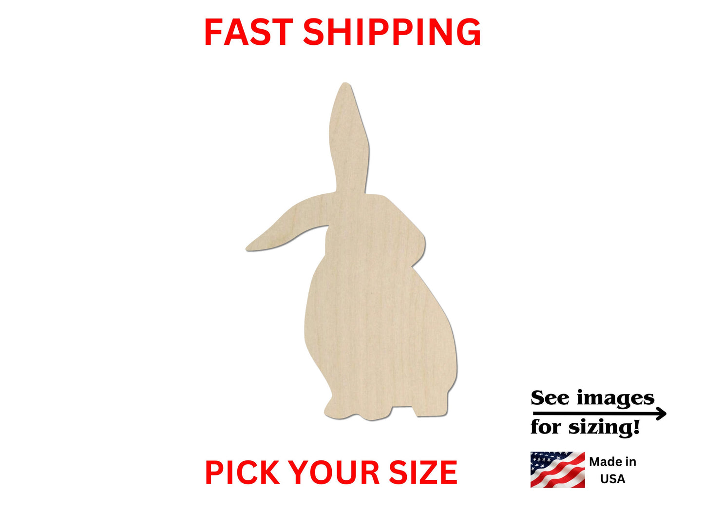 a wooden cutout of a rabbit with the words fast shipping