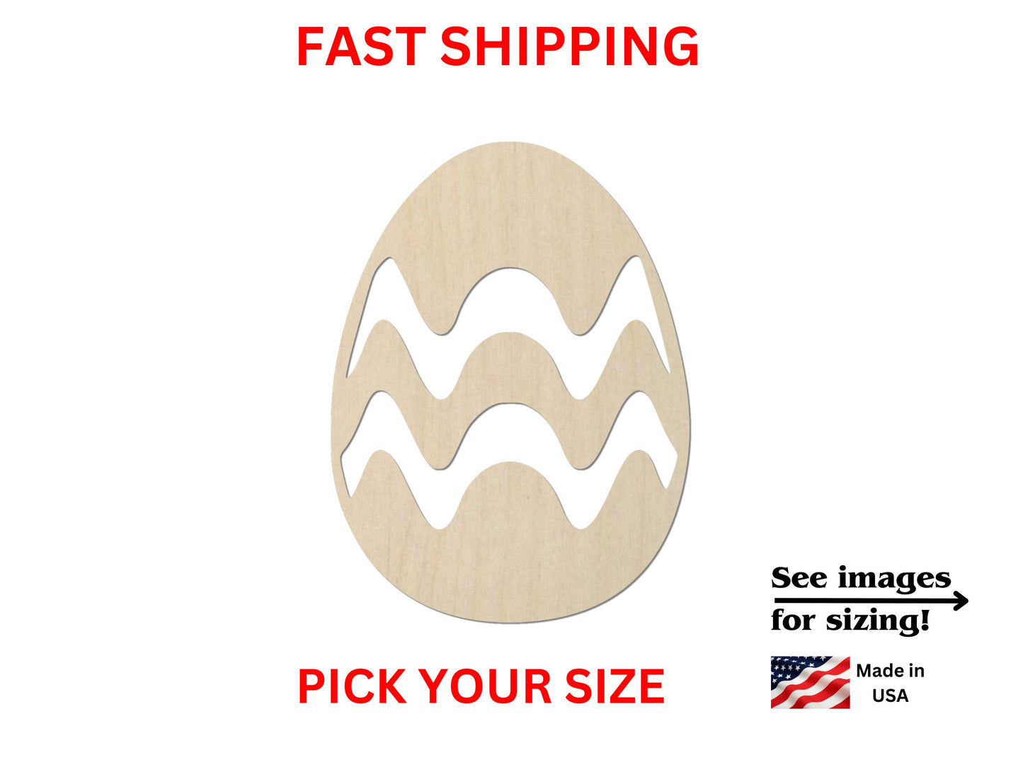 a wooden cutout of an easter egg with the words fast shipping on it