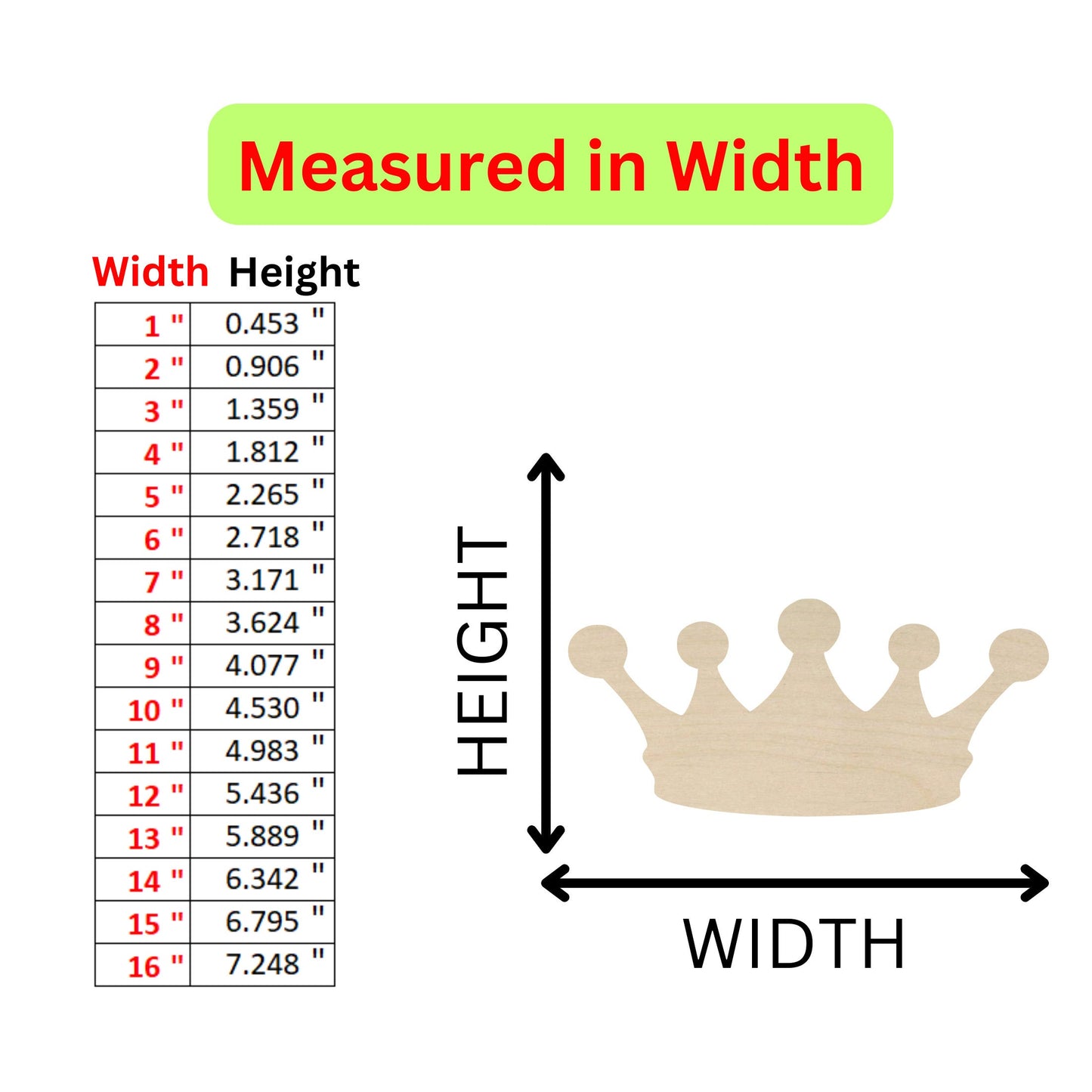 a wooden ruler with measurements for a crown