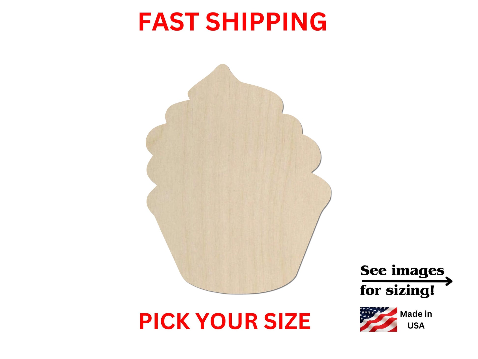 a wooden cutout of a cupcake on a white background