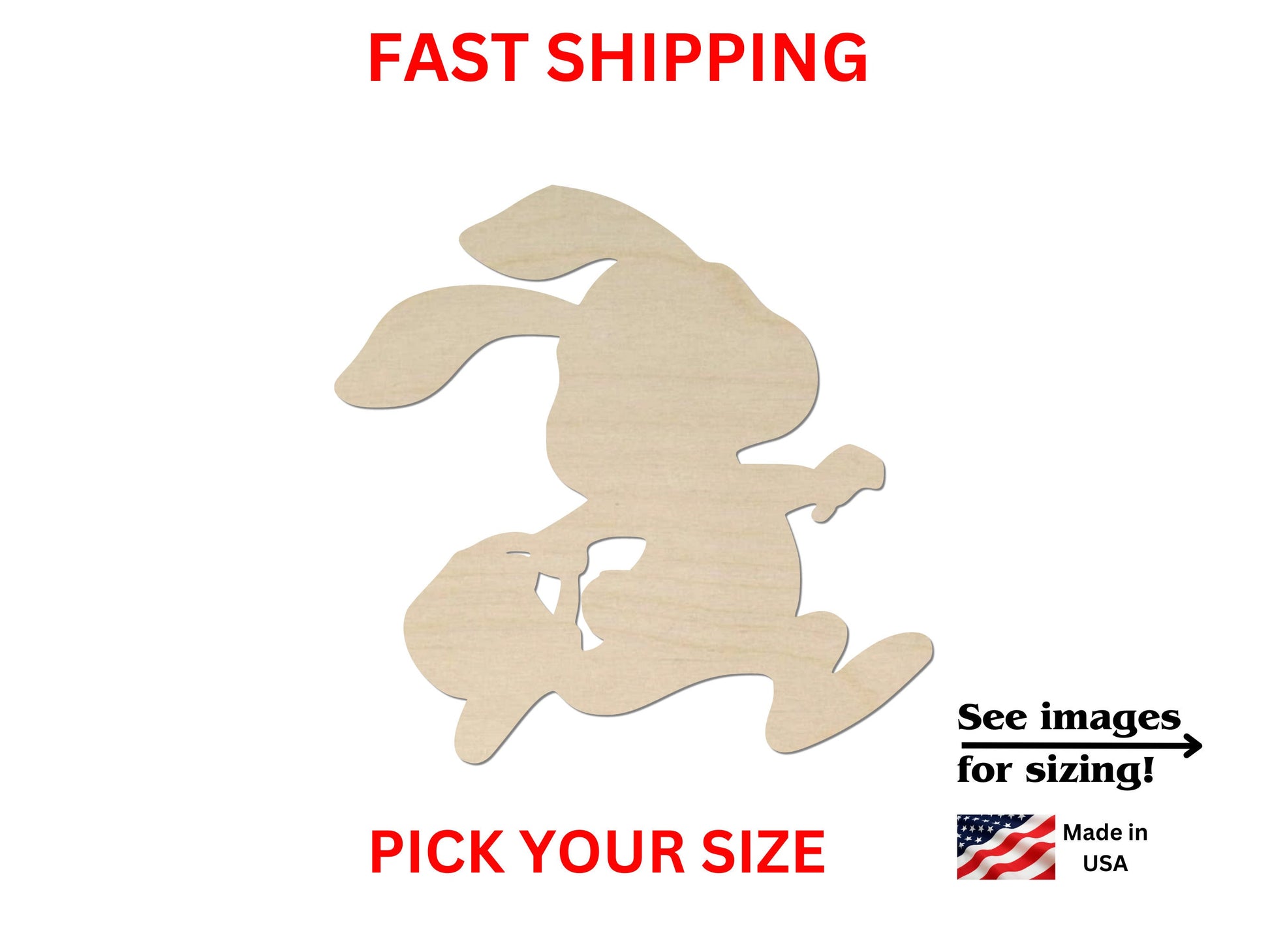 a wooden cutout of a rabbit with the words fast shipping