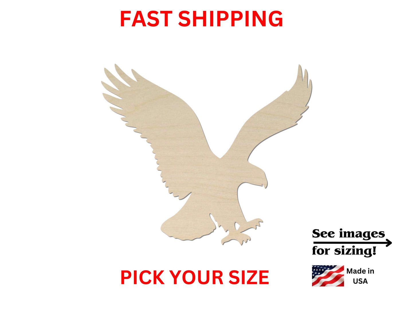 a wooden cutout of an eagle with the words fast shipping