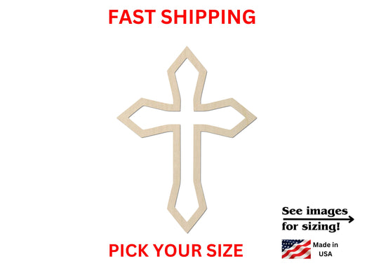 a cross cut out of wood with the text fast shipping pick your size