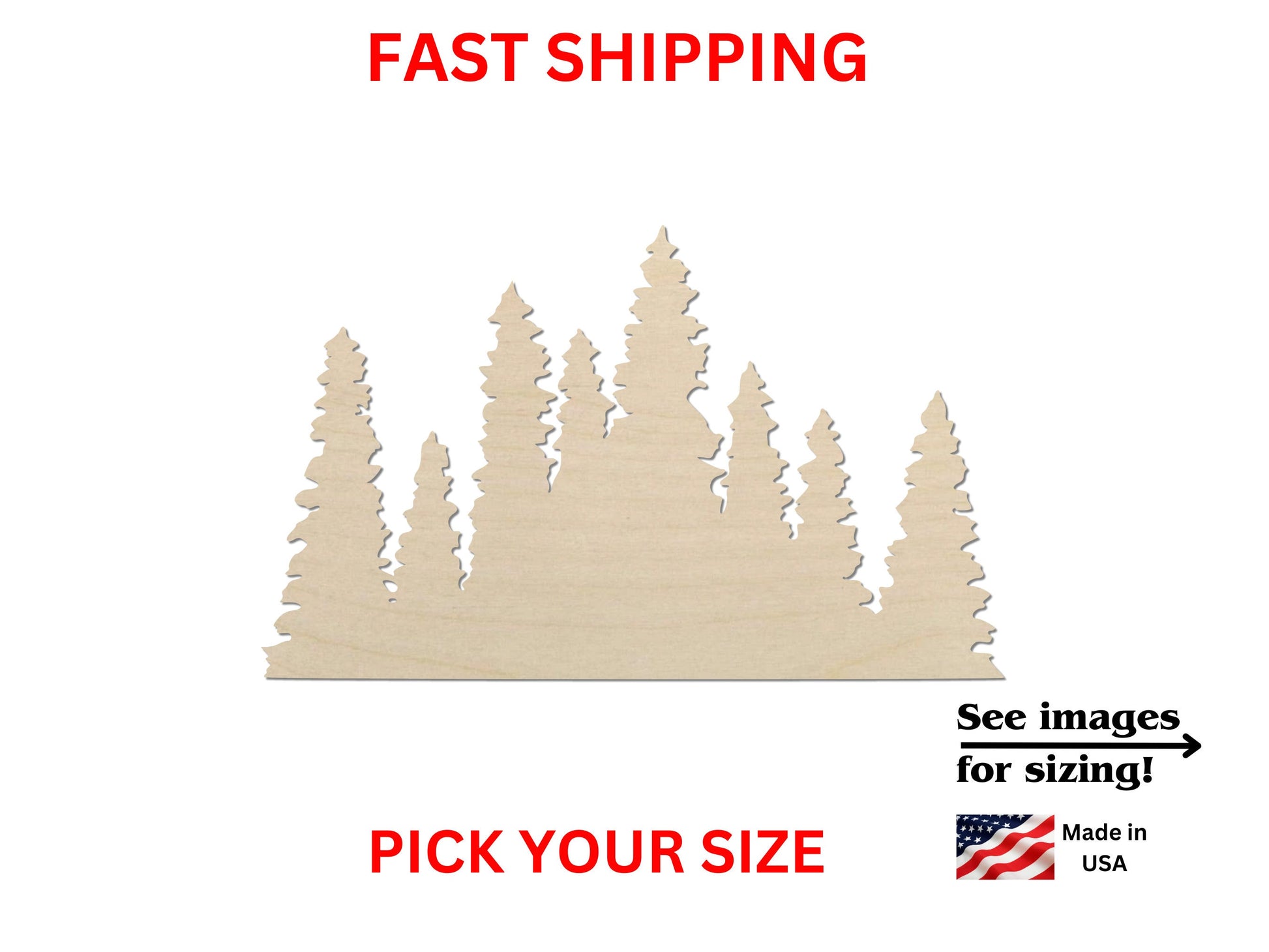 a wooden cutout of a forest with the words fast shipping