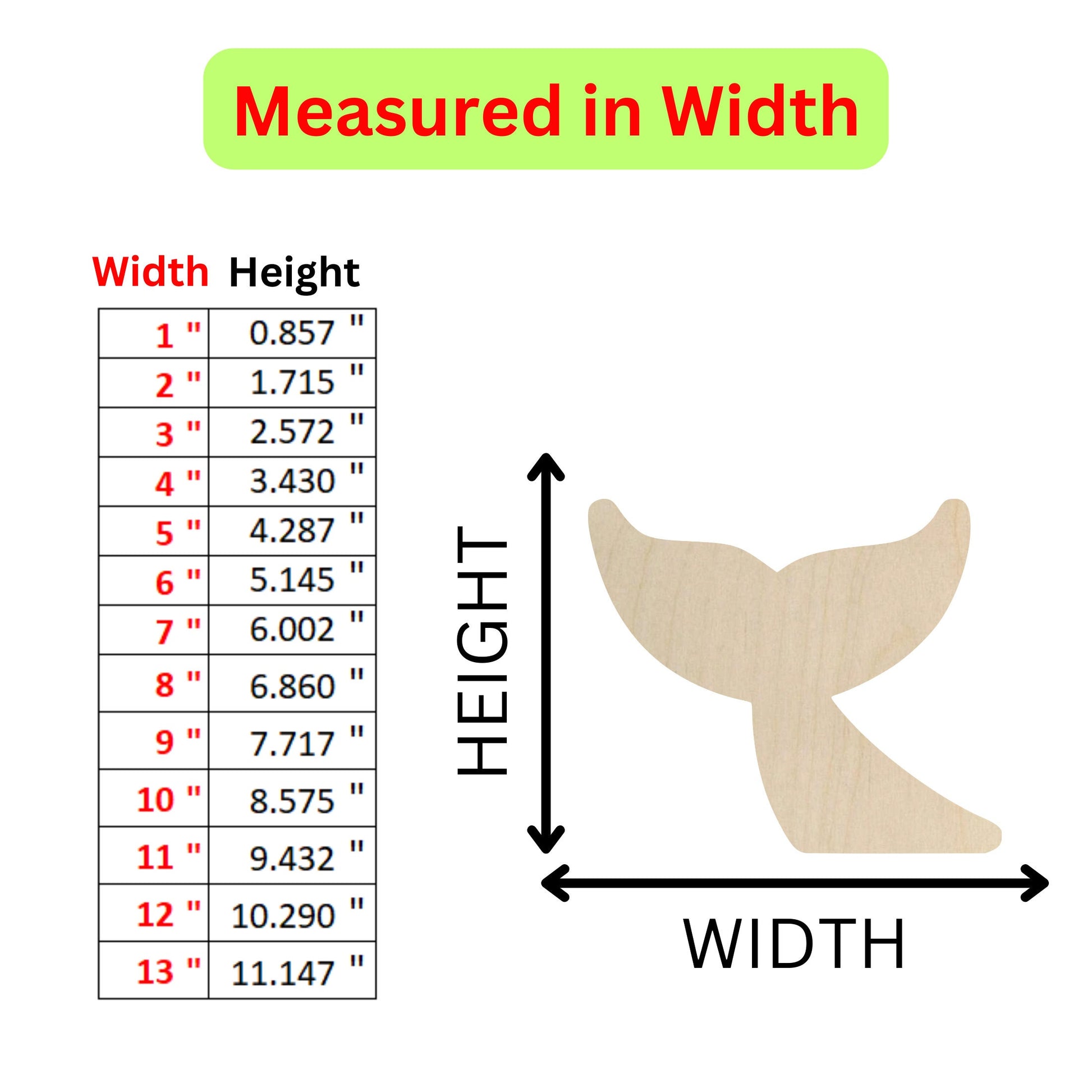 a wooden whale tail measurements chart for a wooden whale tail