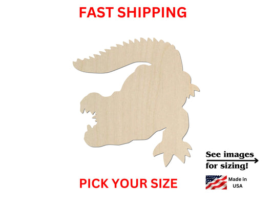 a wooden cutout of a crocodile with the words fast shipping