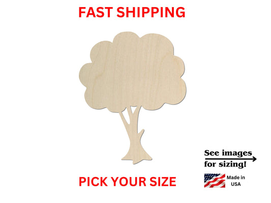 a wooden cutout of a tree with the text fast shipping pick your size