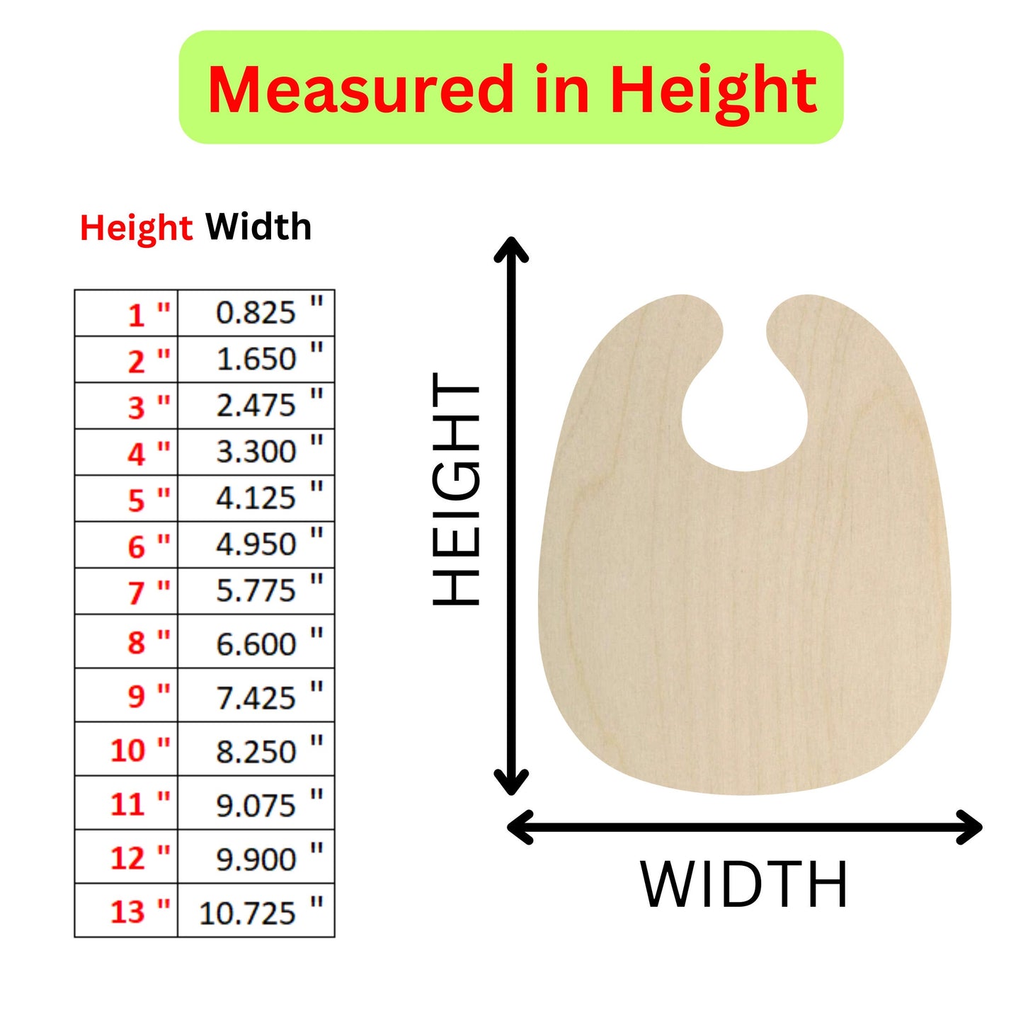 a wooden bib measurements chart with measurements for each bib