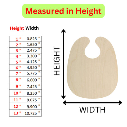 a wooden bib measurements chart with measurements for each bib