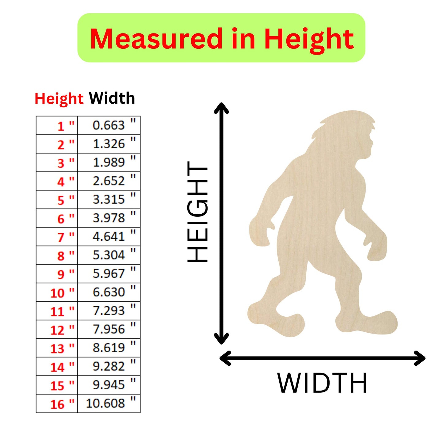 a height chart for a wooden cutout of a bigfoot