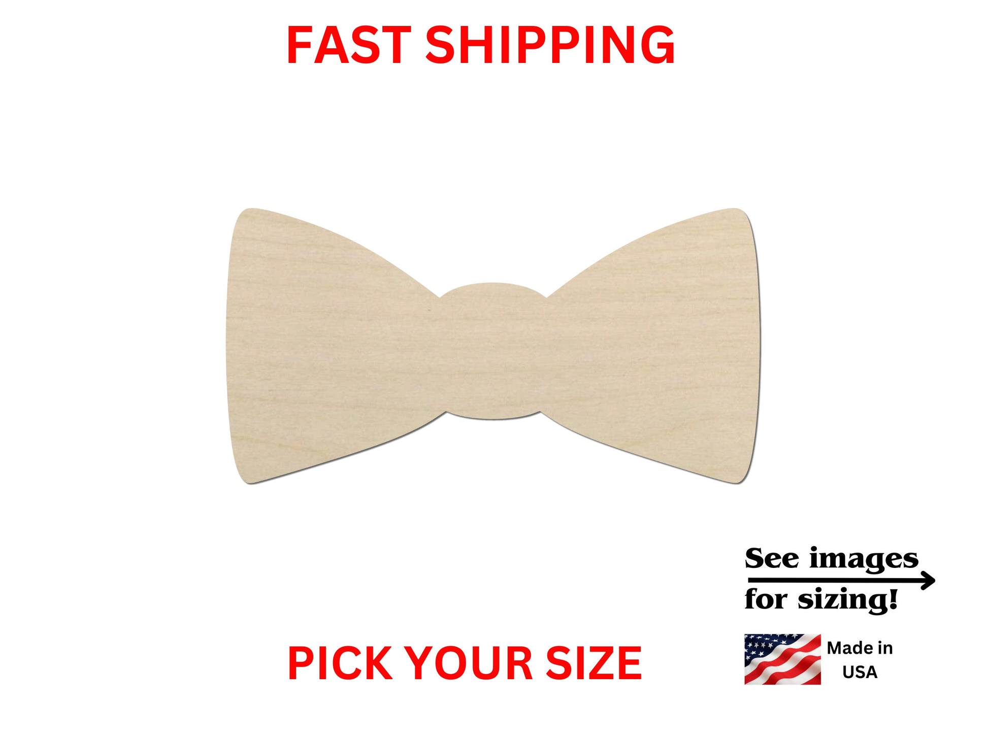 a wooden bow tie with the words fast shipping on it