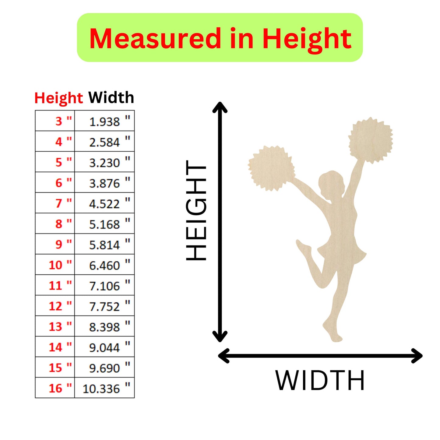 a height chart for a wooden figure of a cheerleader