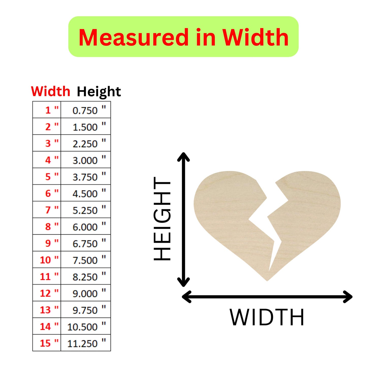 a wooden cutout of a broken heart with measurements