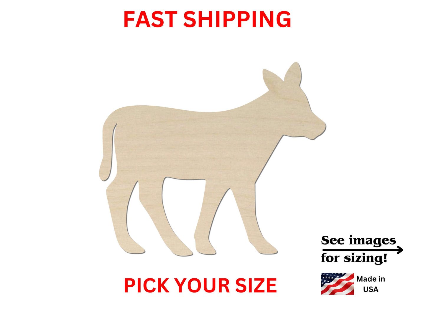 a wooden cutout of a donkey with the text fast shipping pick your size