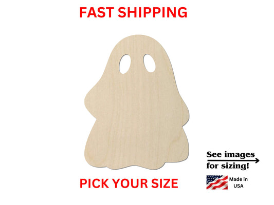 a wooden cutout of a ghost with the text fast shipping