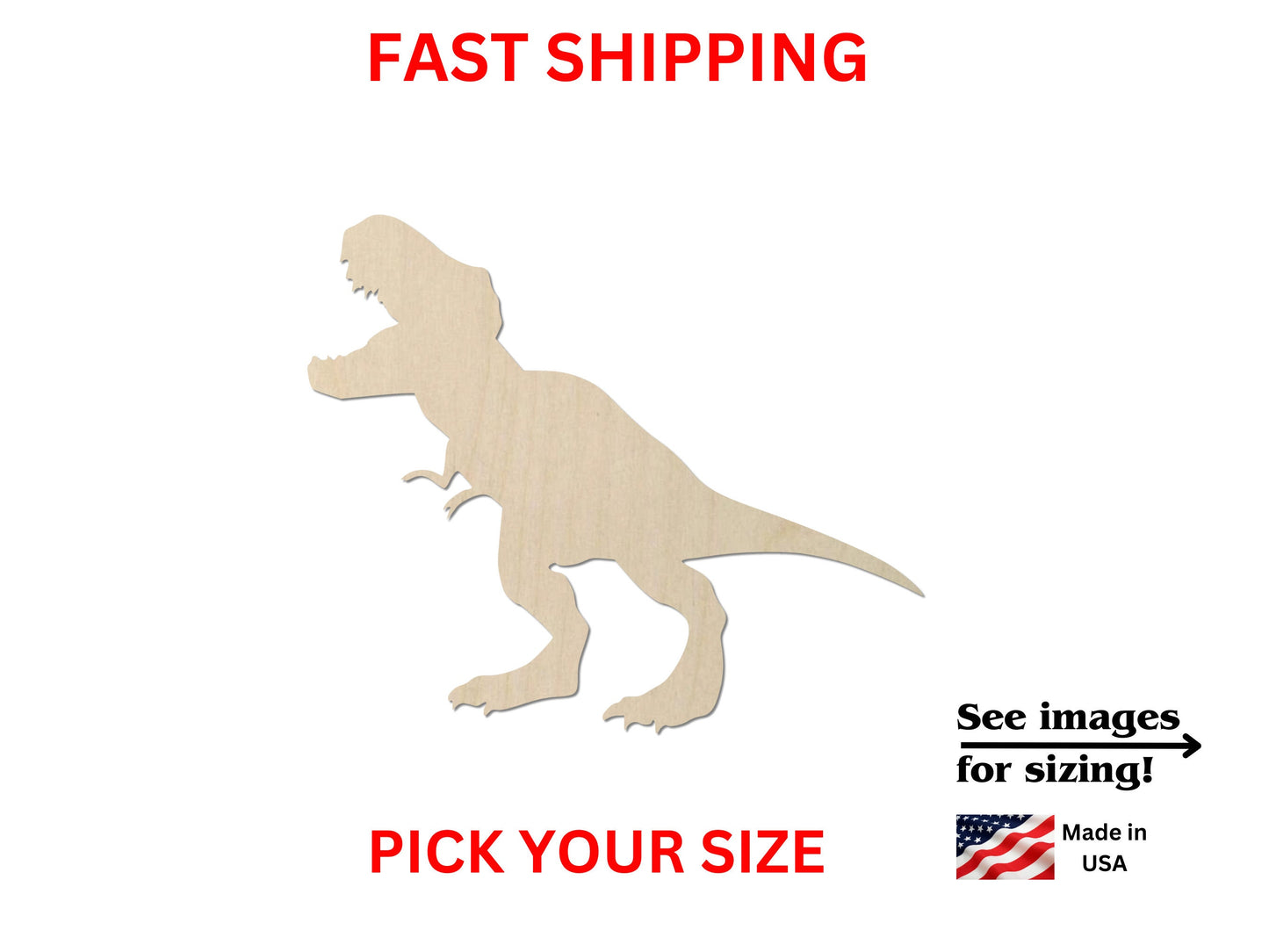 a wooden cutout of a dinosaur with the words fast shipping