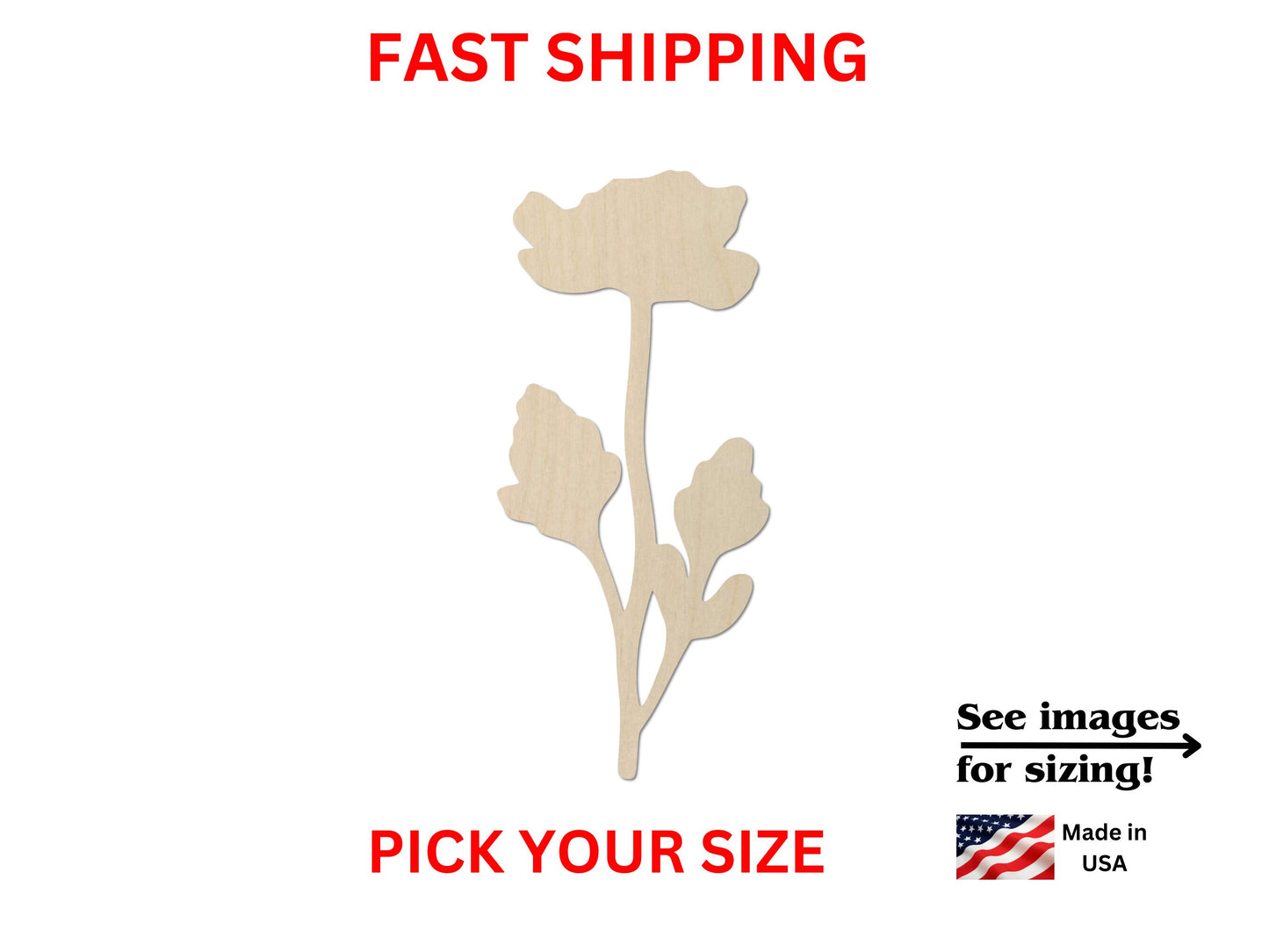 a wooden cutout of a flower with the words fast shipping