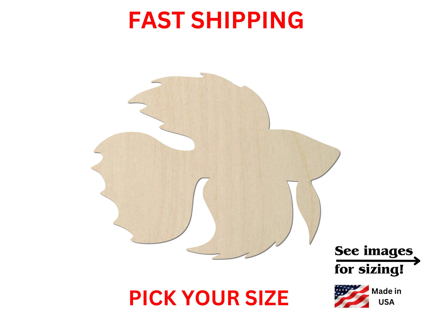 a wooden cutout of a fish with the words fast shipping