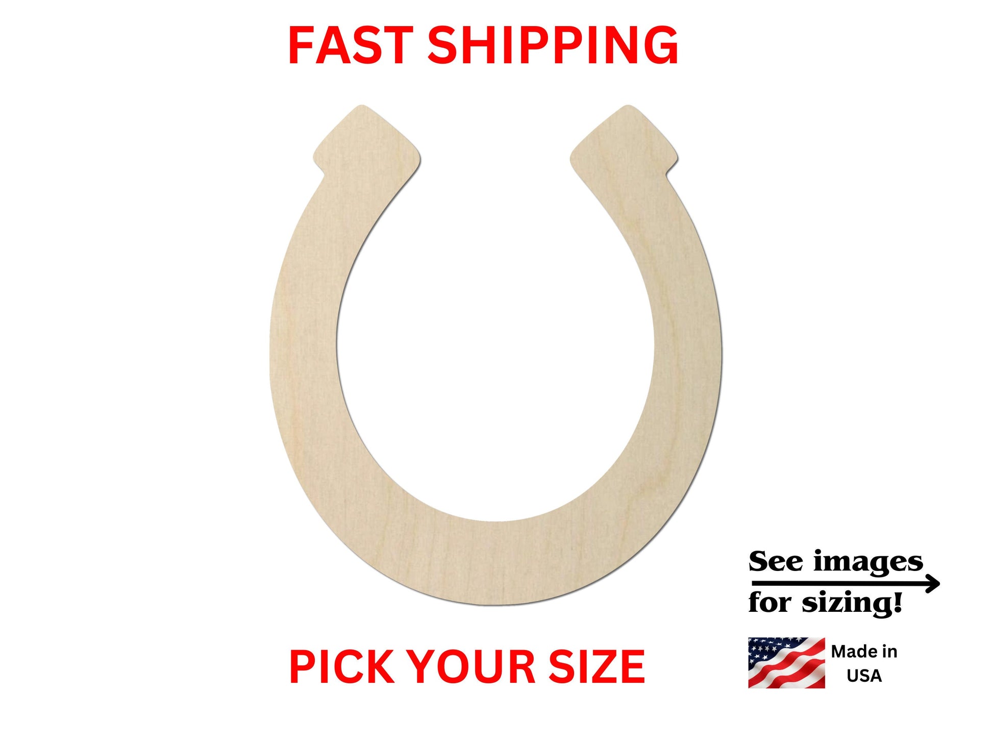 a wooden horseshoe shaped object with the words fast shipping on it