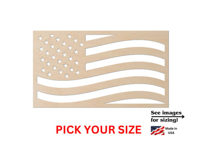 a wooden american flag cutout with the words pick your size