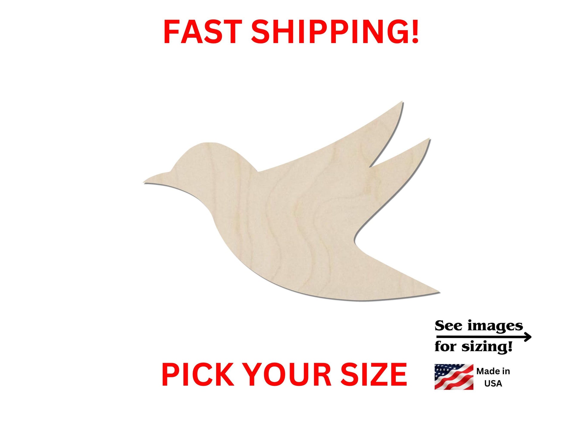 a wooden cutout of a bird with the words fast shipping