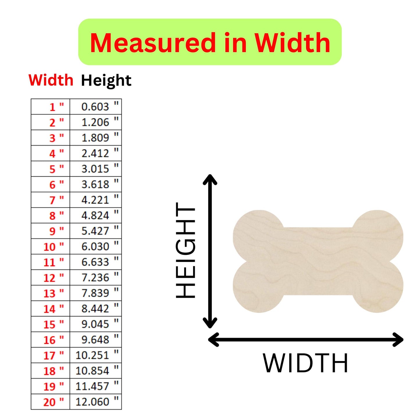 a wooden dog bone with height and measurements