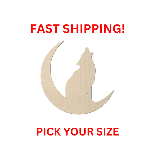 Wooden Wolf and Moon Shape | Wolf Moon Wood Cutout Shape | Laser Cut | DIY Craft Blanks | Crafting Supplies | Bulk Wholesale